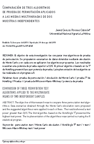 Comparación de tres algoritmos de prueba de permutación aplicados a las medias multivariadas de dos muestras independientes