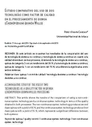 Estudio comparativo del uso de dos tecnologías como factor de calidad en el procesamiento de quinua (Chenopodium quinoa Willd)