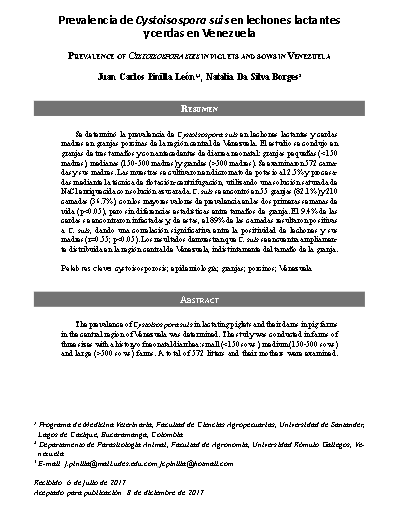 Prevalencia de Cystoisospora suis en lechones lactantes y cerdas en Venezuela