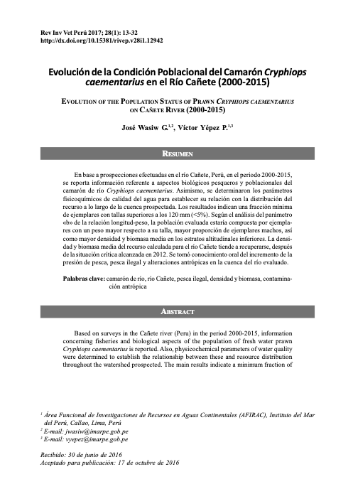 Evolución de la Condición Poblacional del Camarón Cryphiops caementarius en el Río Cañete (2000-2015)