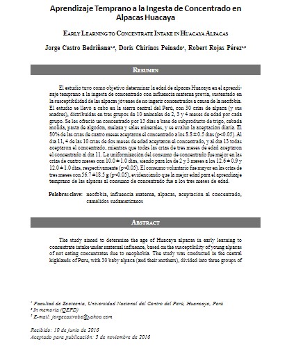 Aprendizaje Temprano a la Ingesta de Concentrado en Alpacas Huacaya
