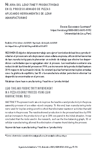 Mejora del lead time y productividad en el proceso Armado de pizzas aplicando herramientas de Lean Manufacturing