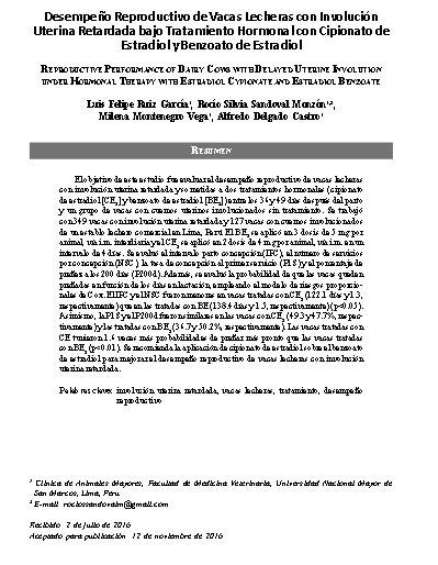 Desempeño Reproductivo de Vacas Lecheras con Involución Uterina Retardada bajo Tratamiento Hormonal con Cipionato de Estradiol y Benzoato de Estradiol