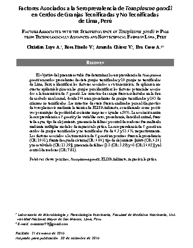 Factores Asociados a la Seroprevalencia de Toxoplasma gondii en Cerdos de Granjas Tecnificadas y No Tecnificadas de Lima, Perú