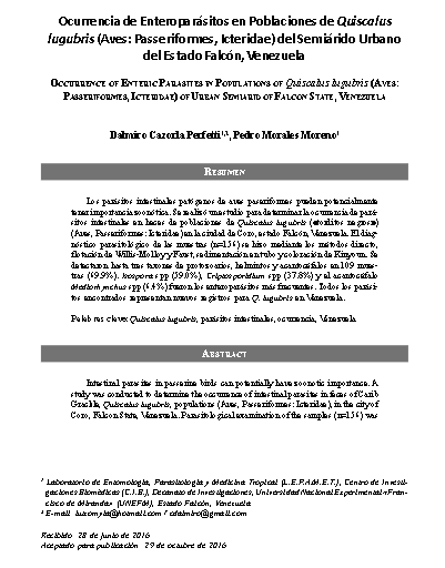 Ocurrencia de Enteroparásitos en Poblaciones de Quiscalus lugubris (Aves: Passeriformes, Icteridae) del Semiárido Urbano del Estado Falcón, Venezuela