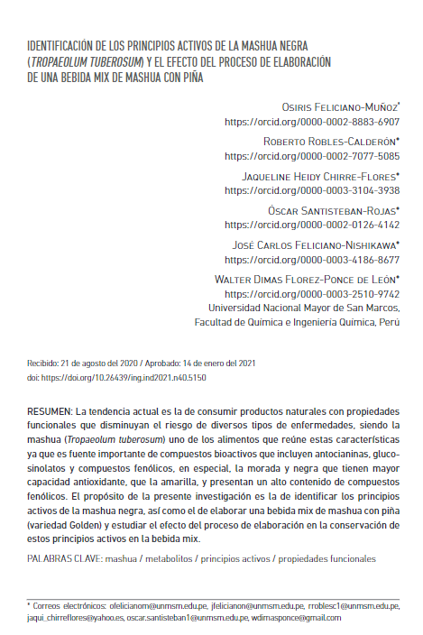 Identificación de los principios activos de la mashua negra (Tropaeolum tuberosum) y el efecto del proceso de elaboración de una bebida mix de mashua con piña