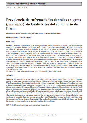 Prevalencia de enfermedades dentales en gatos (felis catus) de los distritos del cono norte de Lima.