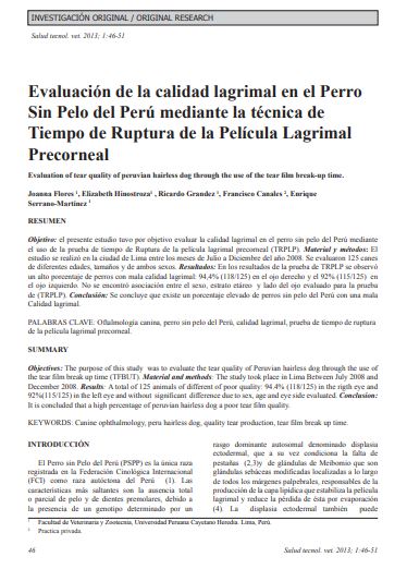 Evaluación de la calidad lagrimal en el Perro Sin Pelo del Perú mediante la técnica de Tiempo de Ruptura de la Película Lagrimal Precorneal
