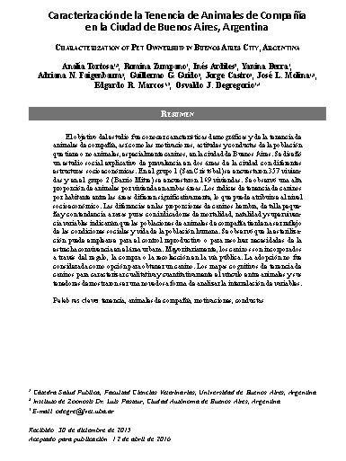 Caracterización de la Tenencia de Animales de Compañía en la Ciudad de Buenos Aires, Argentina
