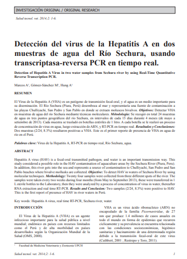 Detección del virus de la Hepatitis A en dos muestras de agua del Río Sechura, usando transcriptasa-reversa PCR en tiempo real.