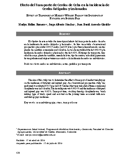 Efecto del Transporte de Cerdos de Ceba en la Incidencia de Cerdos Fatigados y Lesionados