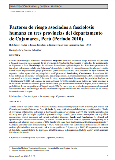 Factores de riesgo asociados a fasciolosis humana en tres provincias del departamento de Cajamarca, Perú (Periodo 2010)