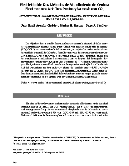Efectividad de Dos Métodos de Aturdimiento de Cerdos: Electronarcosis de Tres Puntos y Narcosis con CO2