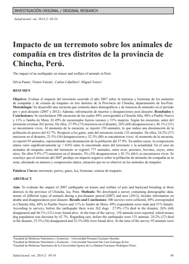 Impacto de un terremoto sobre los animales de compañía en tres distritos de la provincia de Chincha, Perú.