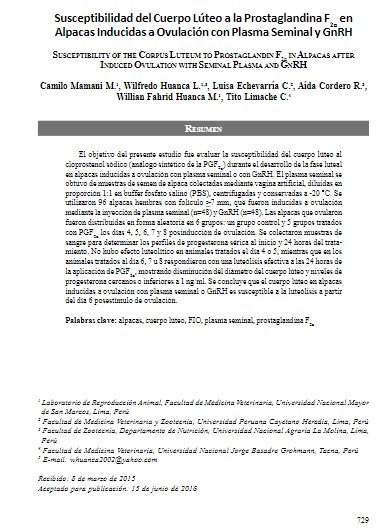 Susceptibilidad del Cuerpo Lúteo a la Prostaglandina F2a en Alpacas Inducidas a Ovulación con Plasma Seminal y GnRH