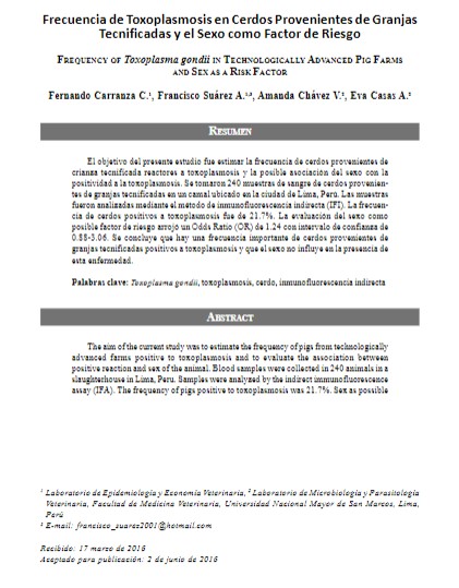 Frecuencia de Toxoplasmosis en Cerdos Provenientes de Granjas Tecnificadas y el Sexo como Factor de Riesgo