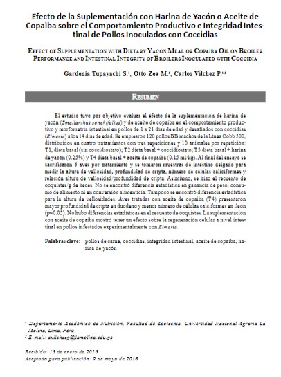 Efecto de la Suplementación con Harina de Yacón o Aceite de Copaiba sobre el Comportamiento Productivo e Integridad Intestinal de Pollos Inoculados con Coccidias