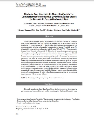 Efecto de Tres Sistemas de Alimentación sobre el Comportamiento Productivo y Perfil de Ácidos Grasos de Carcasa de Cuyes (Cavia porcellus)