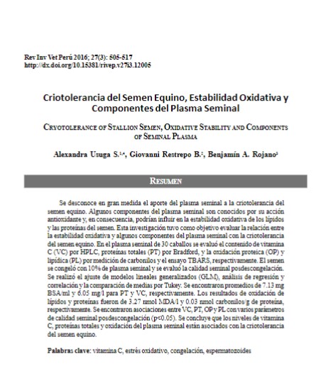 Criotolerancia del Semen Equino, Estabilidad Oxidativa y Componentes del Plasma Seminal
