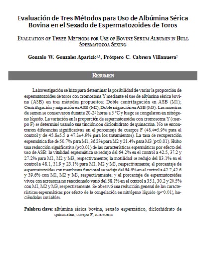 Evaluación de Tres Métodos para Uso de Albúmina Sérica Bovina en el Sexado de Espermatozoides de Toros