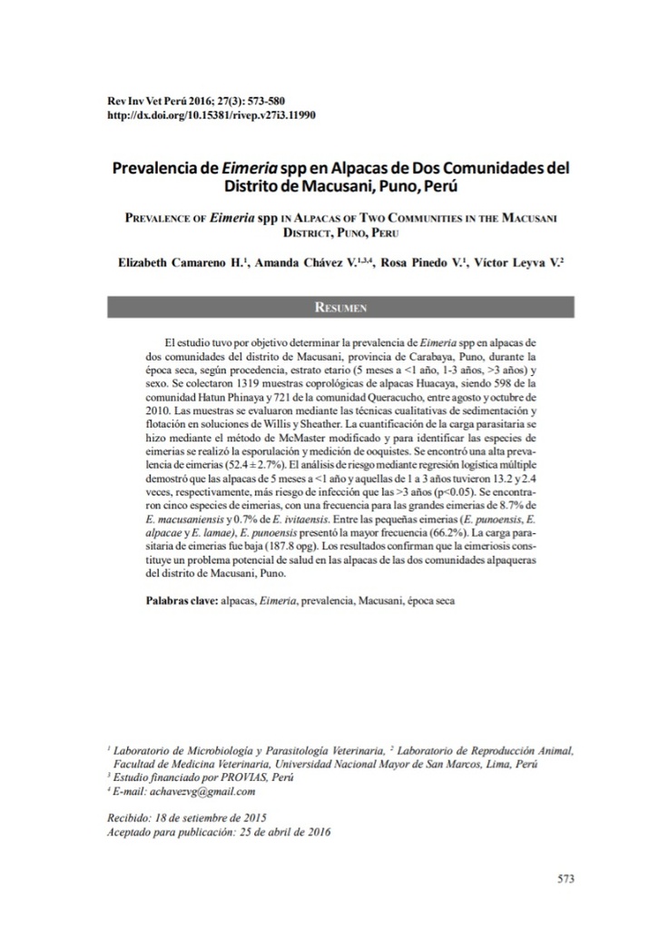 Prevalencia de Eimeria spp en Alpacas de Dos Comunidades del Distrito de Macusani, Puno, Perú
