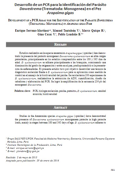 Desarrollo de un PCR para la Identificación del Parásito Dawestrema (Trematoda: Monogenea) en el Pez Arapaima gigas