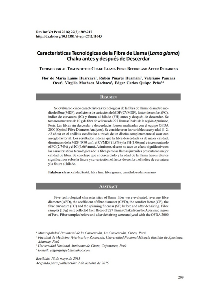 Características Tecnológicas de la Fibra de Llama (Lama glama) Chaku antes y después de Descerdar