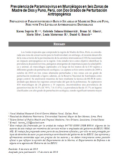 Prevalencia de Paramixovirus en Murciélagos en Seis Zonas de Madre de Dios y Puno, Perú, con Dos Grados de Perturbación Antropogénica
