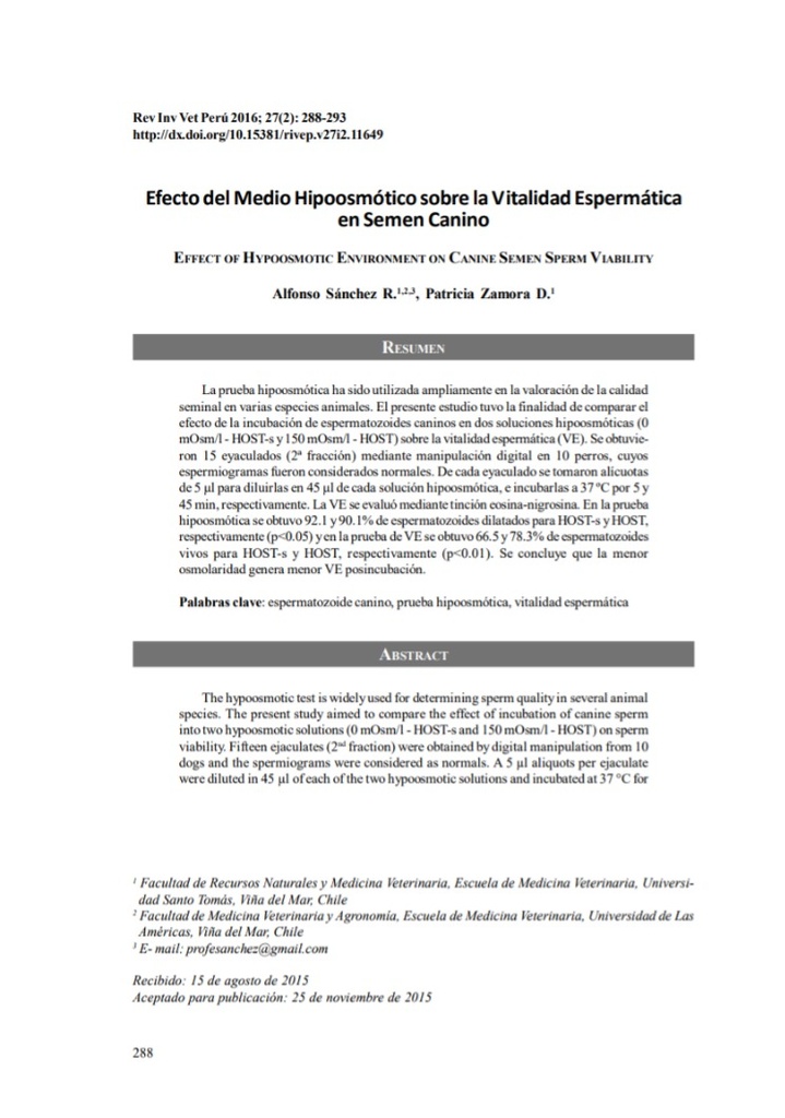 Efecto del Medio Hipoosmótico sobre la Vitalidad Espermática en Semen Canino