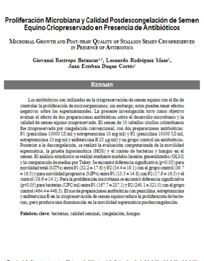 Proliferación Microbiana y Calidad Posdescongelación de Semen Equino Criopreservado en Presencia de Antibióticos