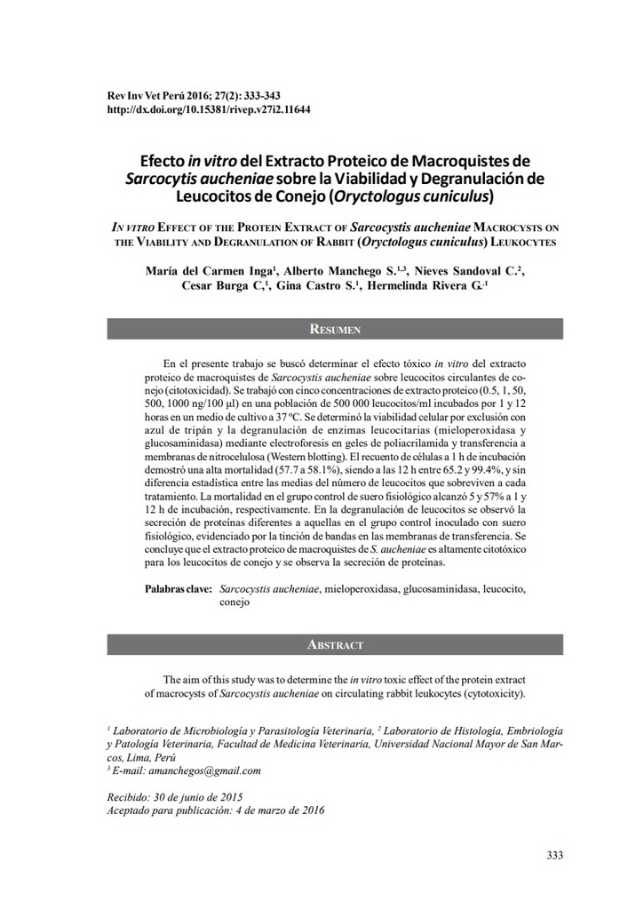 Efecto in vitro del Extracto Proteico de Macroquistes de Sarcocytis aucheniae sobre la Viabilidad y Degranulación de Leucocitos de Conejo (Oryctologus cuniculus)