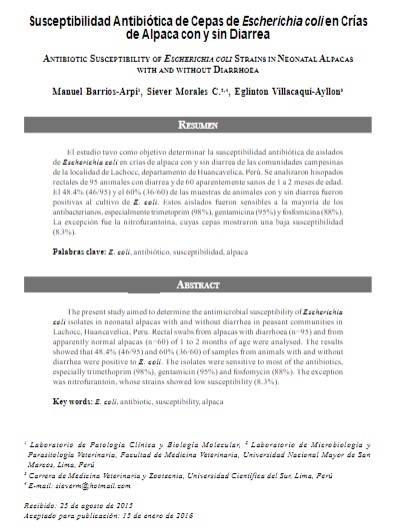 Susceptibilidad Antibiótica de Cepas de Escherichia coli en Crías de Alpaca con y sin Diarrea