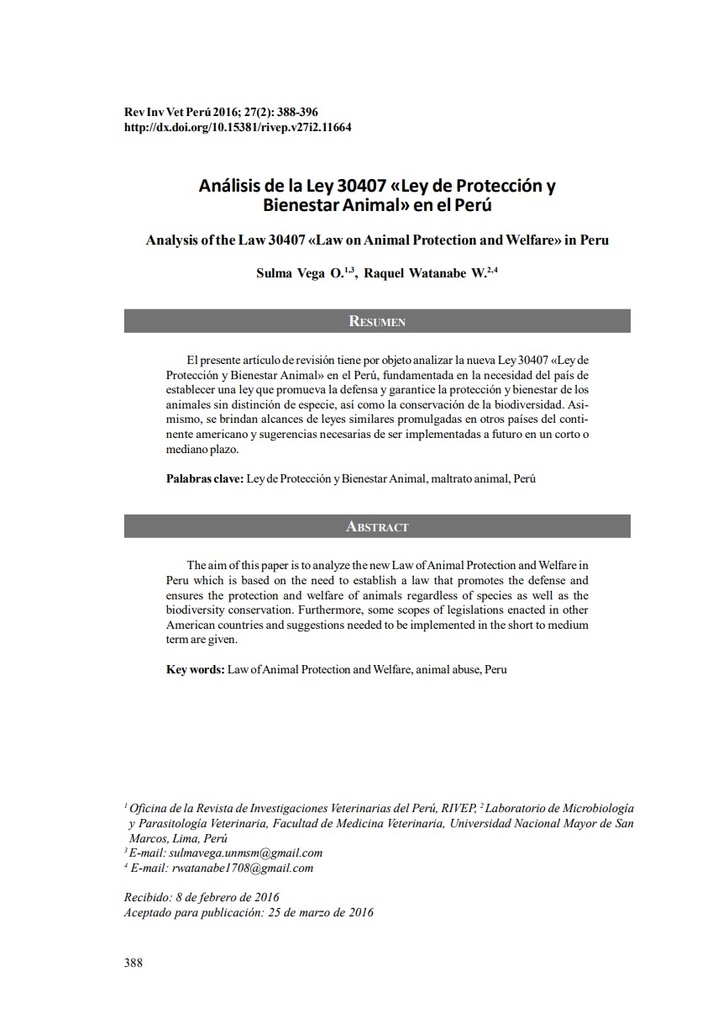 Análisis de la Ley 30407 «Ley de Protección y Bienestar Animal» en el Perú
