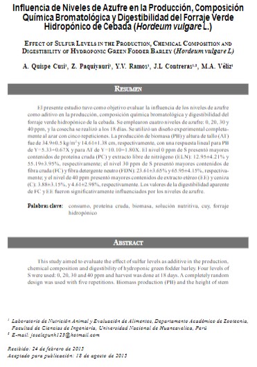 Influencia de Niveles de Azufre en la Producción, Composición Química Bromatológica y Digestibilidad del Forraje Verde Hidropónico de Cebada (Hordeum vulgare L.)