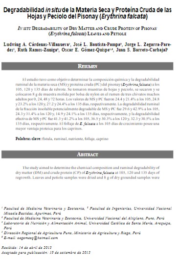 Degradabilidad in situ de la Materia Seca y Proteína Cruda de las Hojas y Peciolo del Pisonay (Erythrina falcata)