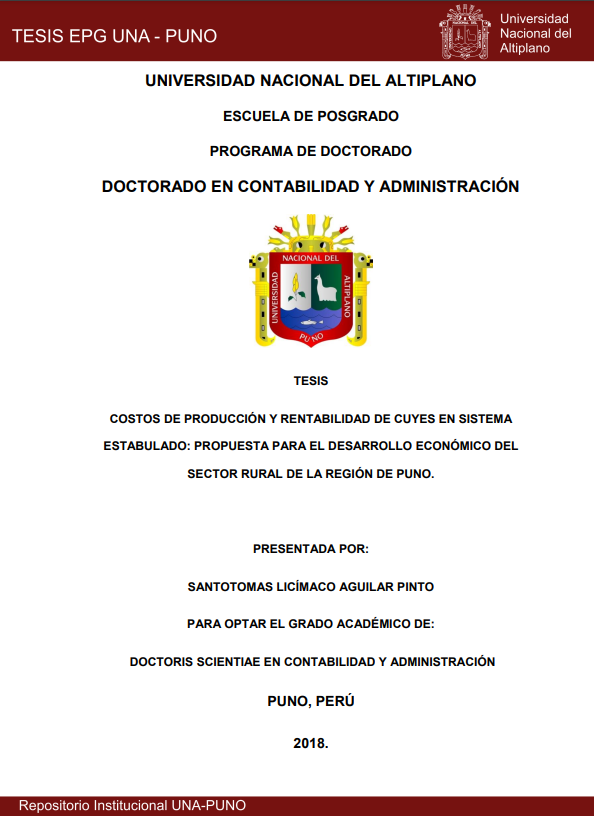 Costos de producción y rentabilidad de cuyes en sistema estabulado: propuesta para el desarrollo económico del sector rural de la región de Puno