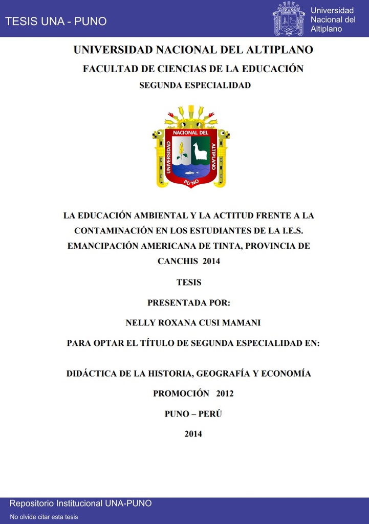 La educación ambiental y la actitud frente a la contaminación en los estudiantes de la I.E.S. Emancipación Americana de Tinta, provincia de Canchis 2014