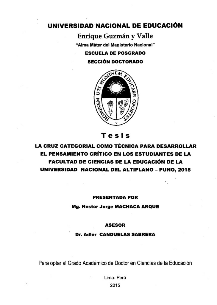 La cruz categorial como técnica para desarrollar el pensamiento crítico en los estudiantes de la facultad de Ciencias de la Educación de la Universidad Nacional del Altiplano - Puno, 2015
