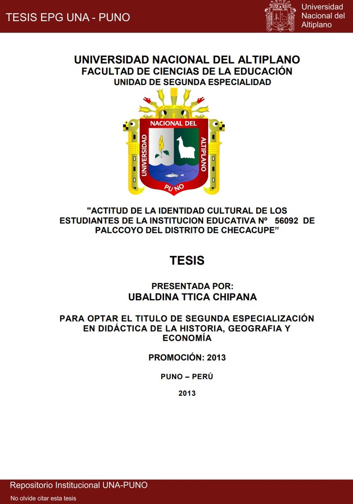 Actitud de la identidad cultural de los estudiantes de la Institucion Educativa Nº 56092 de Palccoyo del Distrito de Checacupe”