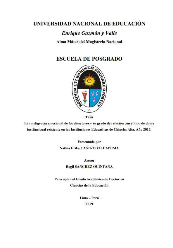 La inteligencia emocional de los directores y su grado de relación con el tipo de clima institucional existente en las Instituciones Educativas de Chincha Alta. Año 2013
