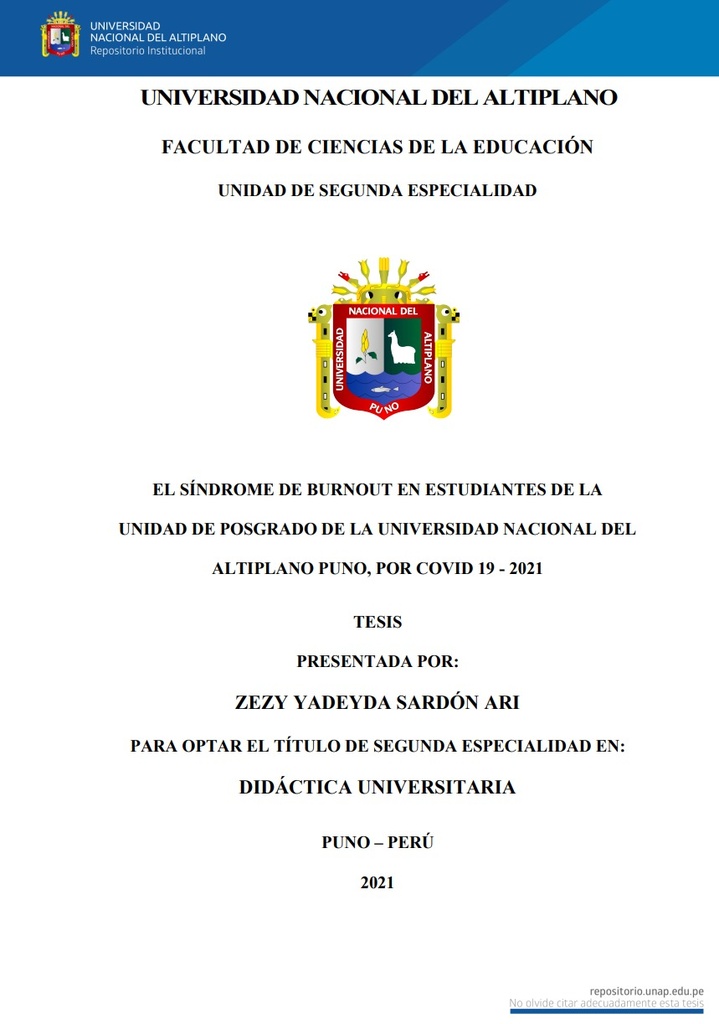 El síndrome de Burnout en estudiantes de la Unidad de Posgrado de la Universidad Nacional del Altiplano Puno, por Covid 19 - 2021