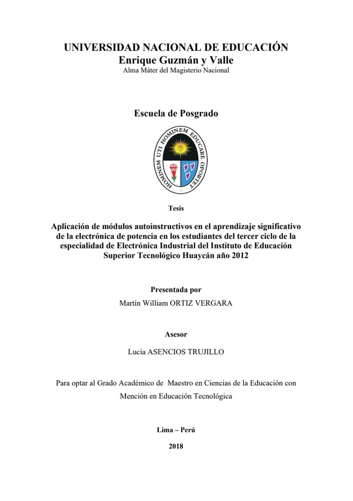 Aplicación de módulos autoinstructivos en el aprendizaje colaborativo de control electrónico de motores industriales en los estudiantes del cuarto semestre de la Especialidad de Electrónica Industrial del Instituto de Educación Superior Tecnológico Huaycán