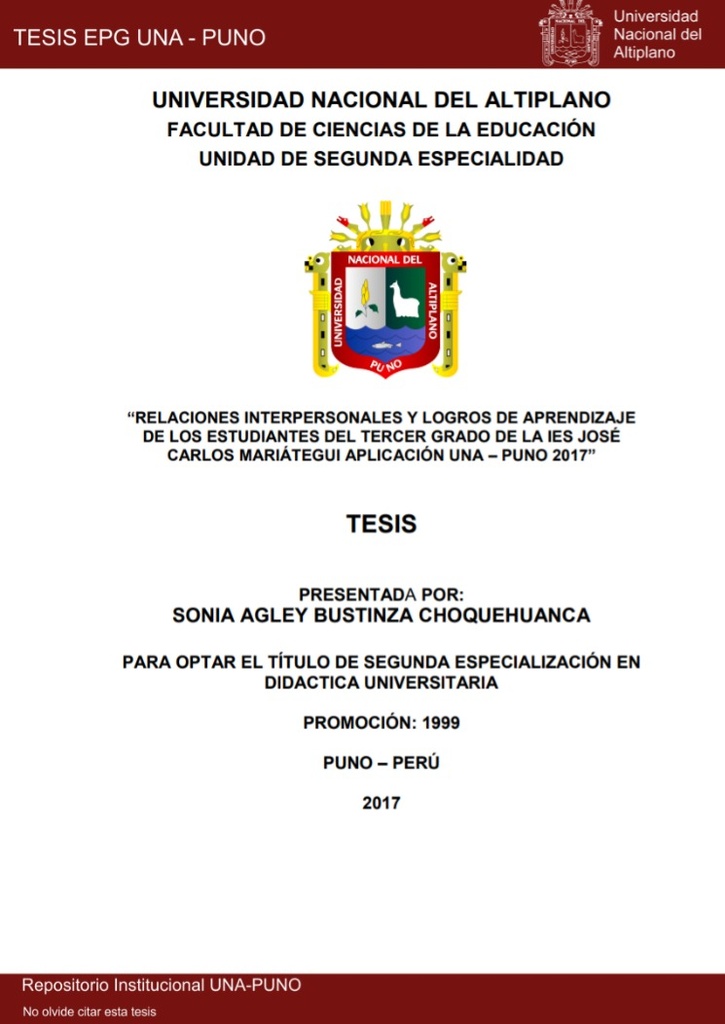 Relaciones interpersonales y logros de aprendizaje de los estudiantes del tercer grado de la IES José Carlos Mariátegui Aplicación UNA – Puno 2017