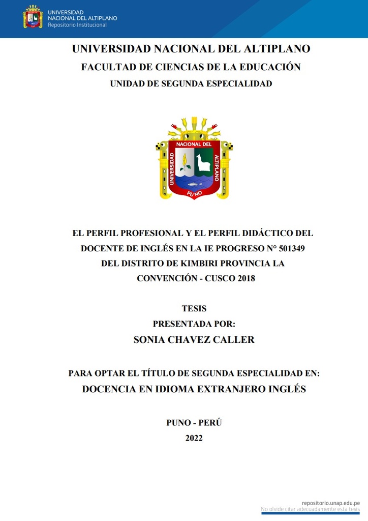 El perfil profesional y el perfil didáctico del docente de inglés en la IE Progreso N° 501349 del distrito de Kimbiri provincia La Convención - Cusco 2018