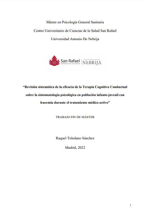 “Revisión sistemática de la eficacia de la Terapia Cognitivo Conductual sobre la sintomatología psicológica en población infanto-juvenil con leucemia durante el tratamiento médico activo