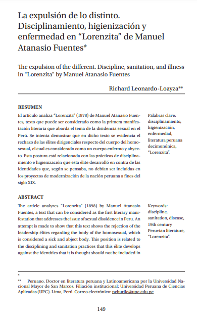 La expulsión de lo distinto. Disciplinamiento, higienización y enfermedad en “Lorenzita” de Manuel Atanasio Fuentes