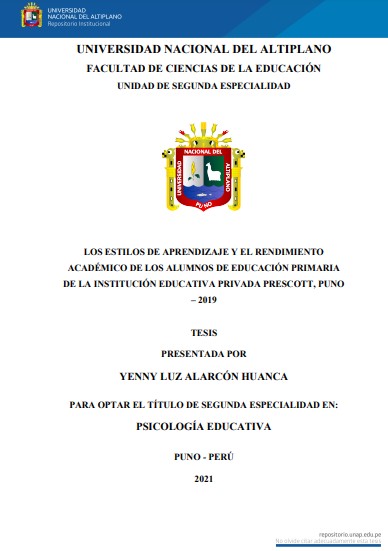 Los estilos de aprendizaje y el rendimiento académico de los alumnos de educación primaria de la Institución Educativa Privada Prescott, Puno - 2019