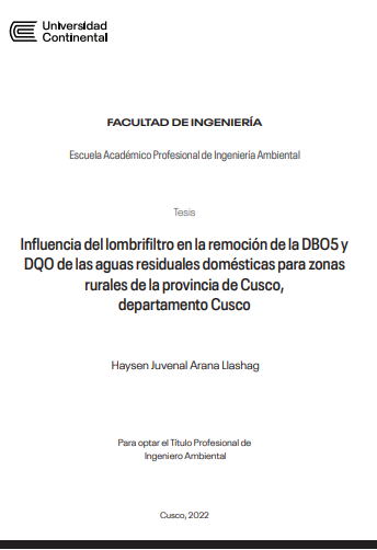 Influencia del lombrifiltro en la remoción de la DBO5 y DQO de las aguas residuales domésticas para zonas rurales de la provincia de Cusco, departamento Cusco