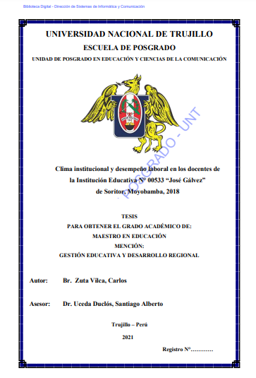 Clima institucional y desempeño laboral en los docentes de la Institución Educativa N° 00533 “José Gálvez” de Soritor, Moyobamba, 2018