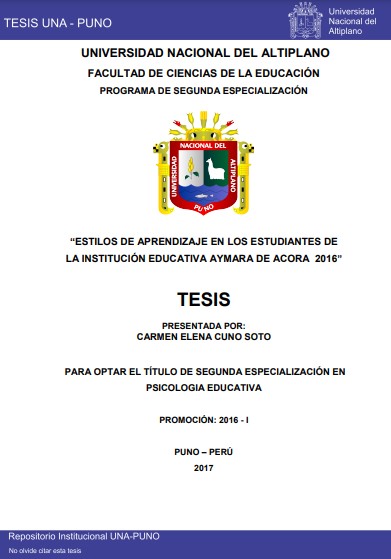 Estilos de aprendizaje en los estudiantes de la Institución Educativa Aymara de Acora 2016
